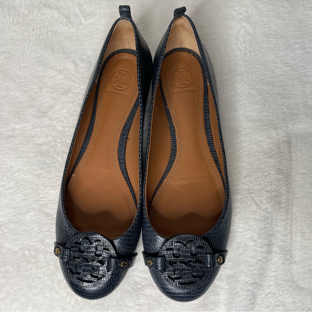 Tory Burch Navy Blue Mini Miller Flat - Matte Micro Tejus Print Size 9 - Picture 3 of 11